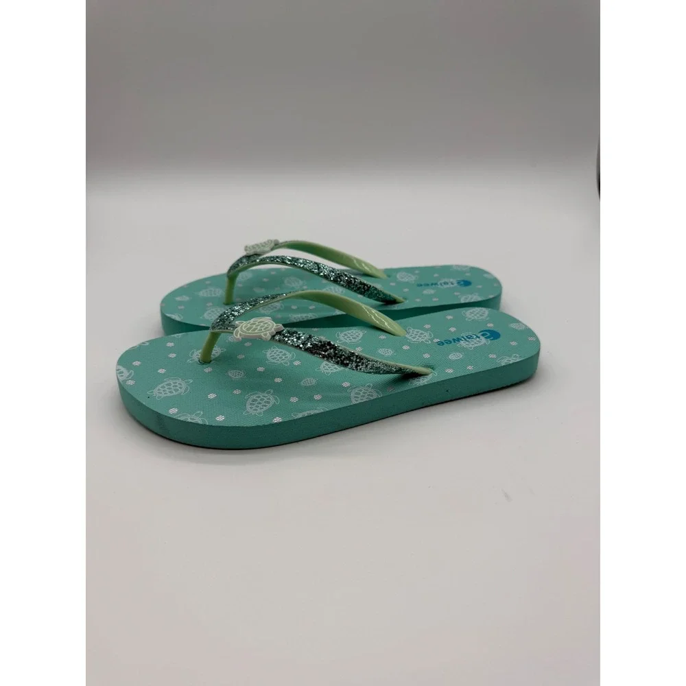 Girls Sea Turtle Glitter Flip Flop Sandals Teal Blue Green Size 4 Kids